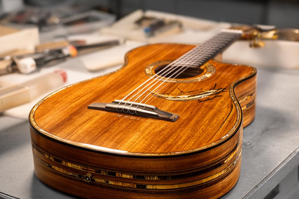 Guitarra criolla terminada sobre una mesa de trabajo, con veta cálida de cedro y detalles de incrustación