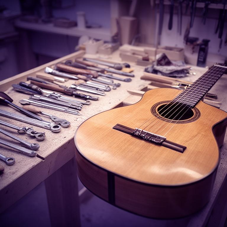 Banco de trabajo de luthería con herramientas ordenadas y una guitarra en reparación