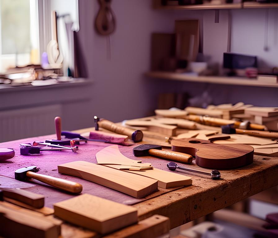 Taller de instrumentos musicales en la Ruta 40 con mesa de trabajo, herramientas y maderas preparadas para una reparación artesanal