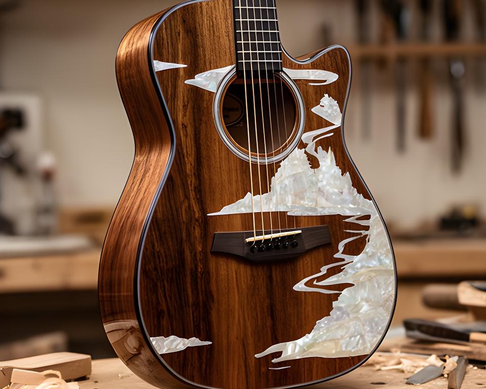 Guitarra artesanal apoyada sobre banco de luthier, con incrustaciones inspiradas en el lago Lácar y brillo suave en la madera