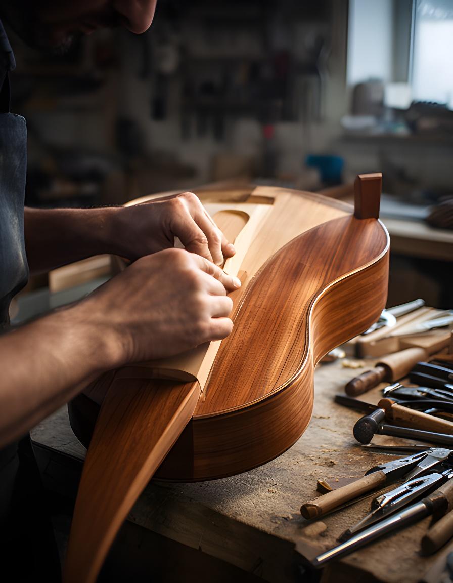 Luthier trabajando un instrumento de madera en el taller, con herramientas manuales y luz patagónica entrando por la ventana