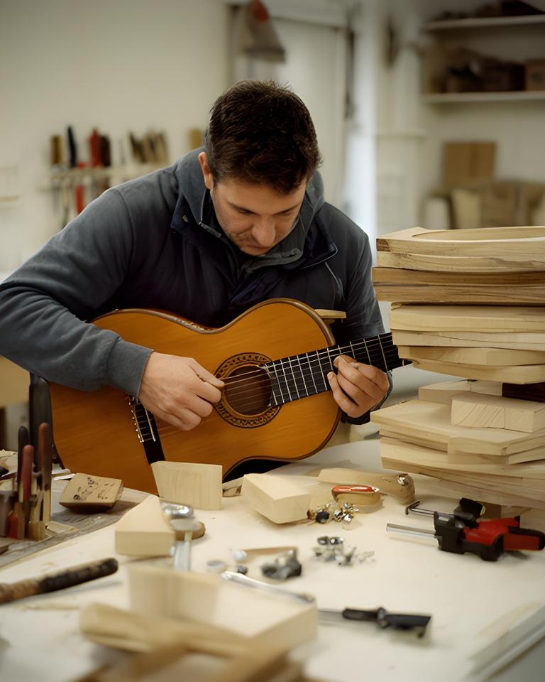 Luthier trabajando una guitarra artesanal en un taller patagónico con herramientas de banco y madera apilada