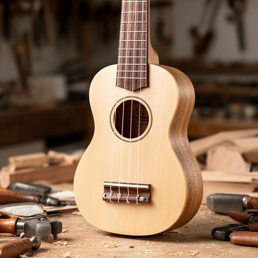 Ukelele patagónico de lenga con acabado satinado natural, apoyado junto a herramientas finas en una mesa de luthería