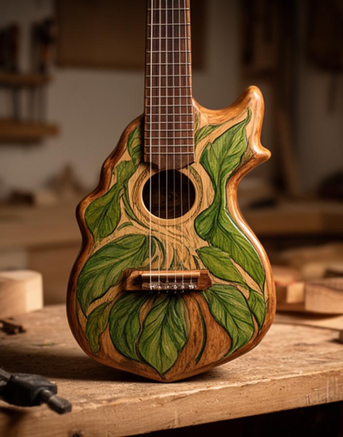 Charango de diseño artesanal con forma de hoja de ñirre, pintura a mano y pigmentos naturales en un taller iluminado