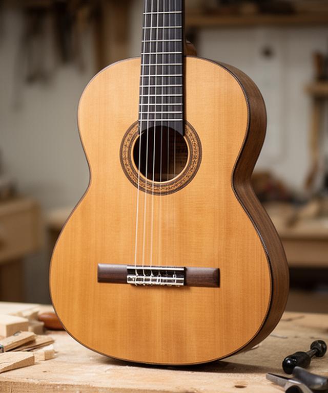 Guitarra clásica modelo Pehuén apoyada en una bancada de taller, con veta de abeto visible y terminación artesanal mate