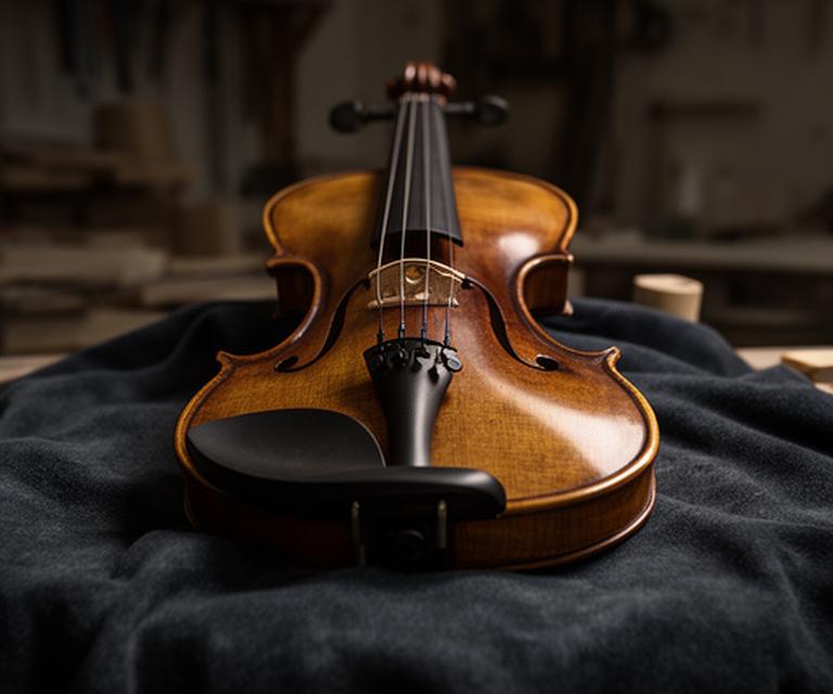 Violín de concierto sobre paño oscuro en el taller, con barniz a muñequilla y luz lateral suave