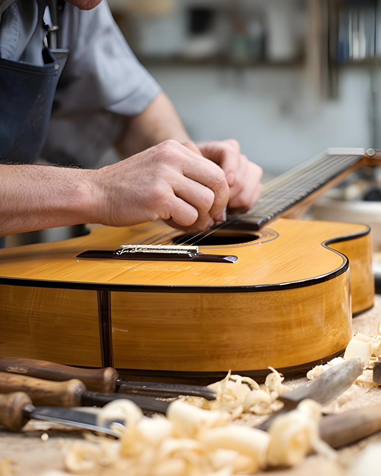 Luthier trabajando sobre una guitarra artesanal en un taller luminoso de la Patagonia, con herramientas sobre la mesa y viruta de madera alrededor