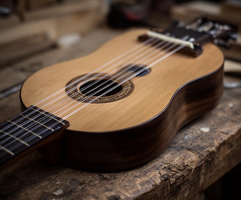Charango tallado a mano apoyado sobre un banco rústico, con cuerdas de nylon y acabado satinado