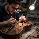 Técnico en reparaciones inspeccionando un instrumento desgastado con lupa, pinzas y luz dirigida en el taller