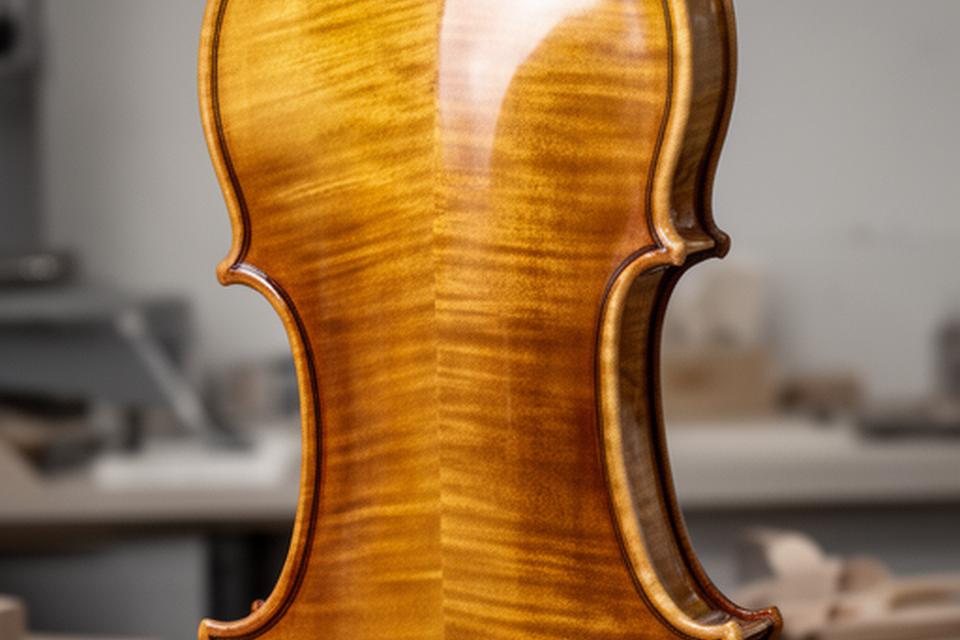 Violín Nahuel sobre fondo neutro en un taller luterista, con barniz brillante y reflejos suaves sobre la tapa de arce