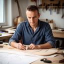 Diseñadora revisando curvas de ergonomía y bocetos de instrumentos en una mesa iluminada por luz natural