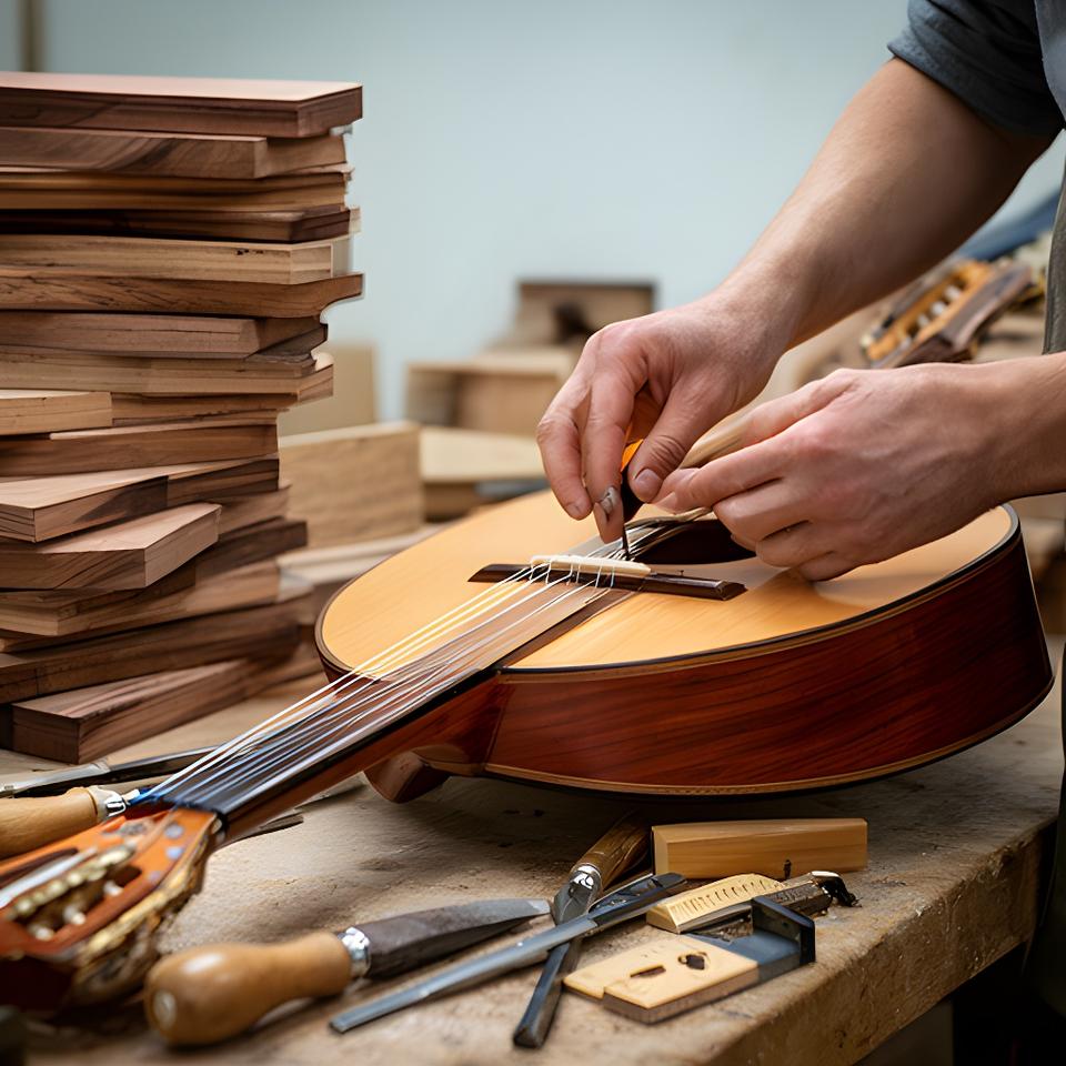 Luthier ajustando un instrumento personalizado en el taller, con maderas apiladas y herramientas sobre la mesa