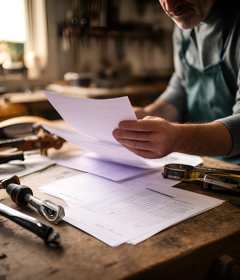 Maestra luthier revisando documentación y una ficha de cliente en el taller, con herramientas de trabajo sobre una mesa de madera