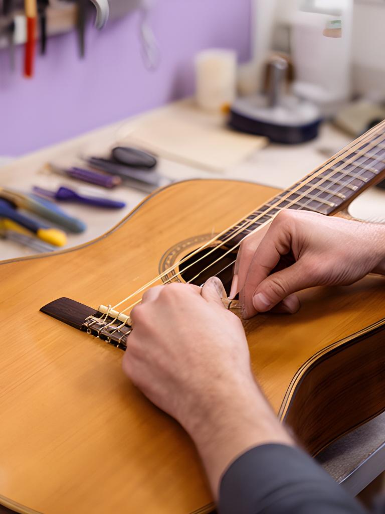 Luthier ajustando una guitarra acústica en un taller ordenado con herramientas sobre la mesa